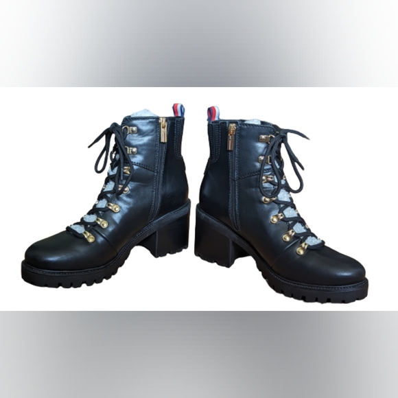 NIB black leather Tommy Hilfiger Lamere 2 lace up sherpa tongue ankle boots - Picture 3 of 10